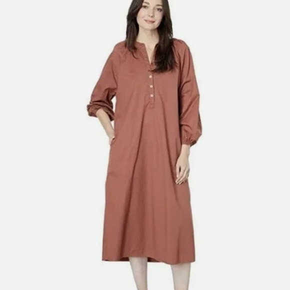 NWT SUNDRY Brown Raglan Cotton Woven Henley Dress Womens Size 3 US: L - Picture 1 of 9